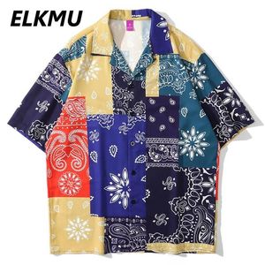 Bandana Paisley Desen Renk Bloğu Hawaiian Gömlekler Plaj Tatil Günlük Kısa Kollu Gömlek Üstleri Harajuku Bluz He927 Erkekler271D