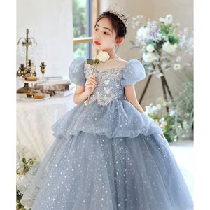 Sky Blue Handmade Flower Girls Dresses Lace Shiny Bling Bead Princess Kids Floor Length Bridesmaid Girl Pageant Ball Gown Long Prom Birthday Party Dress 403