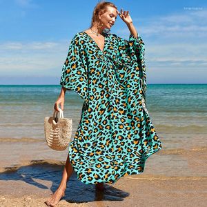 Women's Swimwear Leopard Printing Bikini Cover Up Women Plus Size Crochet V- Neck Beach Tunic Kaftan Maxi Dress Oversize Ups