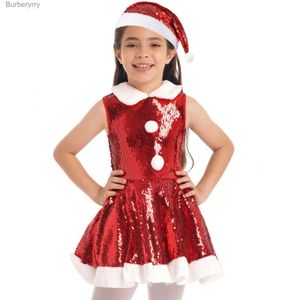 Tema Traje Crianças Meninas Natal Papai Noel Cosplay Vestido para Ano Novo Xmas Party Presente Desempenho Venha Sem Mangas Lantejoulas Vestido + Chapéu SetL231010