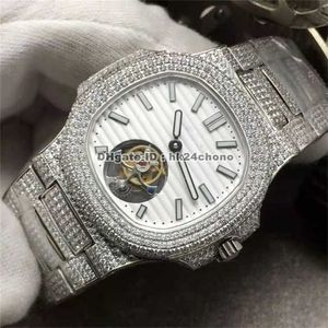 Movement watch Watch Man Hand-winding Full 5711 Diamonds Real Tourbillon Mechanical White Dial Diamond Steel Bracelet Gents