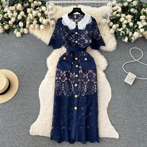 Casual Dresses Summer New Fashion Wrap Hip Dress Women Lace Contrast Doll Neck Elegant Short Sleeve Party Clothes Vestido Feminino262w