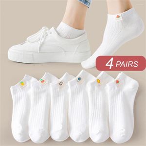 Meias femininas 4 pares, desenhos animados, frutas, tecido, etiqueta, algodão, tornozelo curto, baixo para o verão, branco, meninas, absorvente de suor, barco, meia invisível