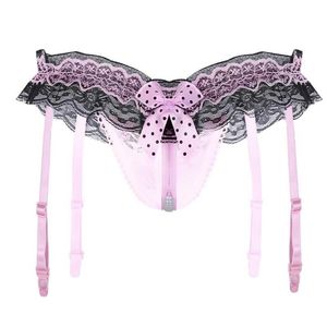 Mutandine da donna Donna Perla trasparente Crotchless G-string erotico Pizzo floreale Vita bassa Ruffle Bowknot Lingerie perizoma con G303a