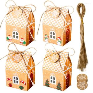 Julekorationer 4Sets House Gift Box Kraft Paper Candy Santa Claus Snowman Xmas Tree Packaging Påsar med snöflinga Taggar Rope