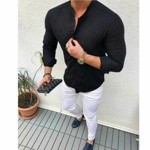 Herrenhemden Mode Herren Sommer Langarmhemd Button Up Business Arbeit Smart Formal Tops Schwarz Weiß Blau Pink257O