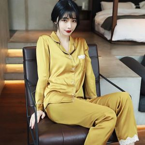 Startseite Kleidung Frauen Faux Silk Satin Pyjamas Set Nachtwäsche Pijama Casual Weibliche Zwei Stück Loungewear Spitze Dessous Kleidung