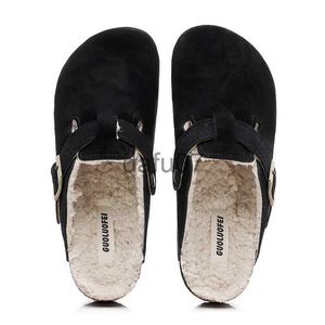 Chinelos 2023 inverno masculino fechado toe cortiça chinelos de pele de vaca camurça couro de pelúcia tamancos sandálias de cortiça para homens mulheres jardim tamanco slides x1011