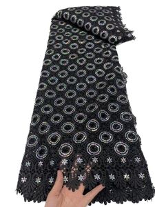 2023 High Quality Embroidery Polyester Cord Sequins Lace Guipure Fabric Mesh African Dress for Women 5 Yards Nigerian Style Design Modern Sewing Craft Black KY-0045