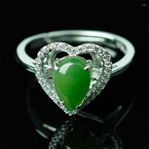 Cluster Rings Vintage 925 Silver Jasper Heart Ring Adjustable With Certificate Green HeTian Jade Hollow Finger Woman's Gift Jewelry