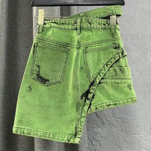 Kvinnors shorts denim kjol nisch design asymmetrisk tvättade gröna sommar korta kvinnor