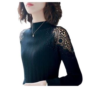 Women's stand collar lace floral patched rhinestone decoration knitted slim waist sweater tops SMLXL