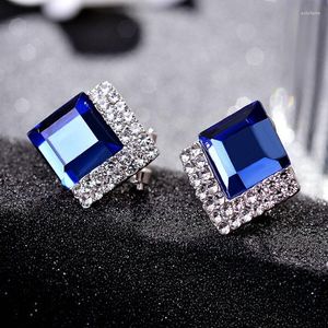 Stud Earrings 925 Silver Color Jewelry Diamond Earring Women Blue Square Topaz Sapphire Garnet Gemstone Orecchini