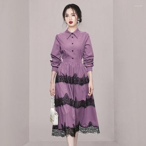 Casual Dresses 2023 Autumn Women High Quality Korean Turn Down Collar Single Breasted Lace Patchwork Bodycon Slim A Line Skirt Dress