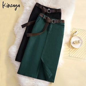 Saias Plus Size Slim Cintura Alta Front Slit Midi Saias Retas 4XL Mulheres Japonesas Harajuku Sashes Bolsos Bodycon Green Cargo Saia 231011