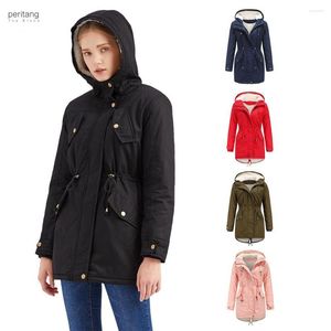 Damen-Trenchcoats PERITANG Damen Einfarbiger Parka-Mantel mit Kapuze Dicke Baumwolljacke mit zusätzlichem Fleece-Futter Winterjacken 2023 Daunen