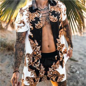 男性の夏大型ハワイアンビーチスタイルルーズファッションカジュアルな快適なプリントショーツ半袖シャツセットシャツ326i