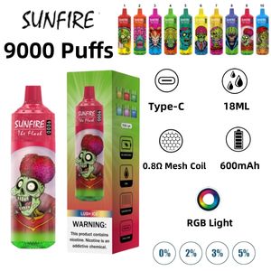 Oryginalny Sunfire Tornado 9000 Puff Ujeżdżalne E papierosy 0,8OHM Cewka z siatki 18 ml podkładu akumulatora Urządzenie 0% 2% 3% 5% Vape Pen 10 Smaki RBG Lekkie dostarczanie Egg Eg