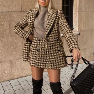 Vestido de duas peças xeasy mulheres tweed conjunto de duas peças xadrez vintage escritório senhora duplo breasted blazer feminino magro cintura alta shorts saia terno 231010