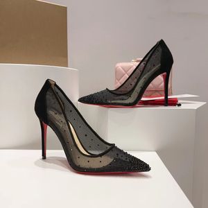 Lyxvarumärken Designer Dress Shoes Women High Heels Sandals Red-Bottoms Pumpar Rhinestone Crystal Pump Pointed Toe Thin Heeled 35-43