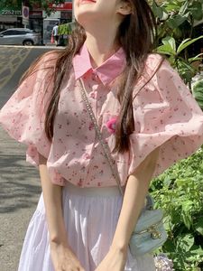 Women's Blouses KIMOKOKM Preppy Style Korea Sweet Contrasting Colors Flower Shirt Puff Sleeve Single Breasted Kawaii For Summer