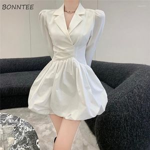 Casual Dresses Puff Sleeve Dress Women Notched Fashion Design Solid Korean Style Office Lady Elegant Tunic All-match Cozy Mini Vestido