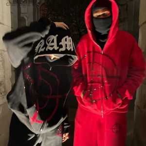 Erkek Hoodies Sweatshirts 2022 Kış Amerikan Y2K High Street Kırmızı Siyah Hoodie Ütüli Elmas Zip Up hırka Erkekler Goth Çift Büyük Boyutlu Sıradan Sweatshirt T231011