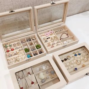 Jewelry Boxes Portable Velvet Ring Display Organizer Box Tray Holder Earring Storage Case Showcase with Glass Cover 231011
