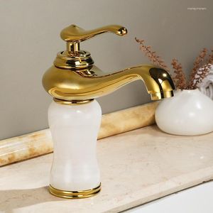 Torneiras de pia do banheiro de luxo ouro sólido latão natural jade torneira dourada arte bacia misturador único punho acabamento lavatório