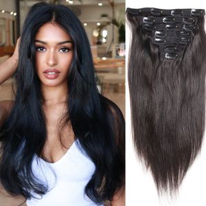 Slik clipe reto em extensões de cabelo humano natural preto virgem brasileiro clipe ins extensão 120g 18 polegadas