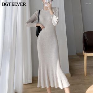 Vestidos casuais bgteever elegante o-pescoço cintura fina feminino vestido de malha outono inverno manga completa pacote hip camisola para mulheres