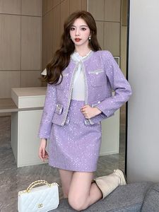 Work Dresses High Quality Purple Sequins Shiny Tweed Two Pieces Set Women's Autumn Temperament Celebrity Jacket Coat Skirt Office Suits