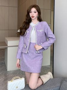 Arbeitskleider Hohe Qualität Lila Pailletten Glänzender Tweed Zweiteiliges Set Damen Herbst Temperament Promi Jacke Mantel Rock Büroanzüge