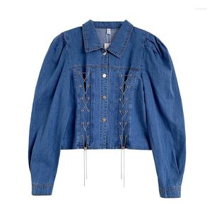 Jaquetas femininas vintage azul denim coreano laço-up corrente curto jeans jaqueta mulheres único breasted retro rua casual camisas