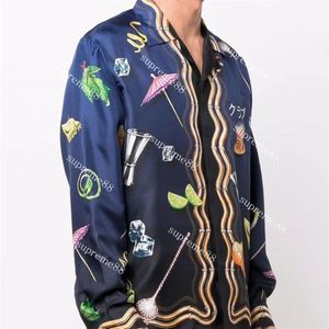 Casablanca ss22 seda manga longa impressa camisa de gola cubana masculina designer praia casual shirts305E