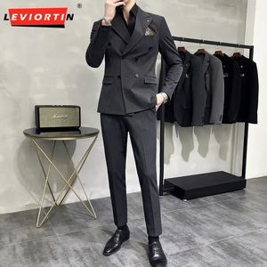 Ternos masculinos Blazers 2023 Moda Double Breasted Entalhado Lapela Flat Fit Set Estilo Italiano Luxo Society2 Peça 6XLS SuitPants 231011