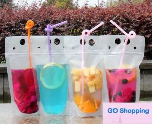Top Clear Drink Pouches Bags Water bottles frosted Zipper Stand-up Plastic Drinking Bag with straw with holder Reclosable Heat-Proof 500ml