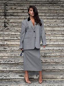 Arbeitskleider Eleganter Rockanzug mit Hahnentrittmuster für Frauen Lose beiläufige V-Ausschnitt Einreiher Mantel-Set 2023 Herbst Lady Fashion Streetwear