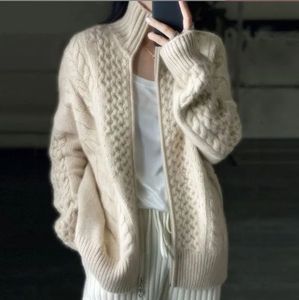 Women's Wool Blends Autumn and Winter Thick Highnecked Cashmere Knitted Cardigan Woman Loose Thin Zipper Sweater Coat 231011