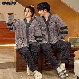 Men's Sleepwear Winter Thick Teddy Thermal Velvet Pajamas Set for Couple Kaii Kimono Style Lovers Sleepwear Man and Woman Cardigan PijamasL231011