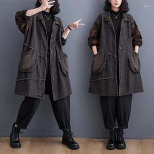 Women's Trench Coats Vintage Oversized Denim Jacket 2023 Autumn Casual Loose Printed Long Sleeve Single Breasted Jeans Coat Windbreaker