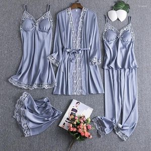 Startseite Kleidung Sexy Pyjamas Nachtwäsche Damen Satin 5PCS PJS Set 2023 mit Spitze Kimono Bademantel Kleid Kunstseide Nachtwäsche Intime Dessous