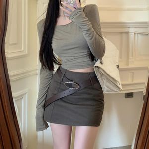 Women's T Shirts 2023 Summer High Street Fashion Solid Color All Match Long-sleeved T-shirt Women Sexy Slim Mini Skirt Two-piece Suit