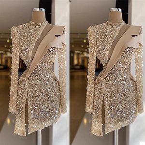 Champagne Evening Dresses Luxury Sequins Beads High Neck Long Sleeves Prom Dress Formal Party Gowns Custom Made Knee Length Robe de mariee 285C