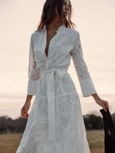 Casual Dresses Women Elegant Embroidery Maxi High Waist Hollow Out 2023 Autumn Dress Long Sleeve Lace Up Solid White Midi Vestidos