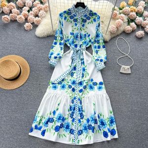 Casual Dresses Fashion Summer Autumn Elegant tryckt för kvinnor Hög midja Slim Stand Neck Ruffle Chic Print Shirt Dress