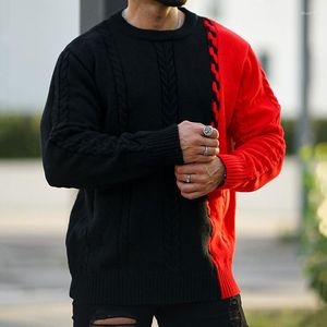 Men's Sweaters Fashion Contrast Color Crochet Sweater Men Casual Patchwork Long Sleeve O Neck Knit Jumper Tops Mens Clothing Fall