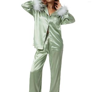 Women's Two Piece Pants Hirigin Women Silk Satin Pajamas Set Feather Decoration Long Sleeve Button-Down Lapel Collar Tops Sleepwear
