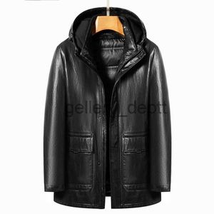 Herrarna Down Parkas YN-2268 Vinter i Middle Aged High Grade Huva Natural Leather Down Jacket Medium Långt avtagbar White Duck Down Liner J231010