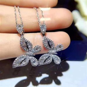 Ins Butterfly Pendant Fresh Simple Fashion Jewelry 925 Sterling Silver Princess Cut White Topaz CZ Diamond Gemstones Clavicle Neck2844